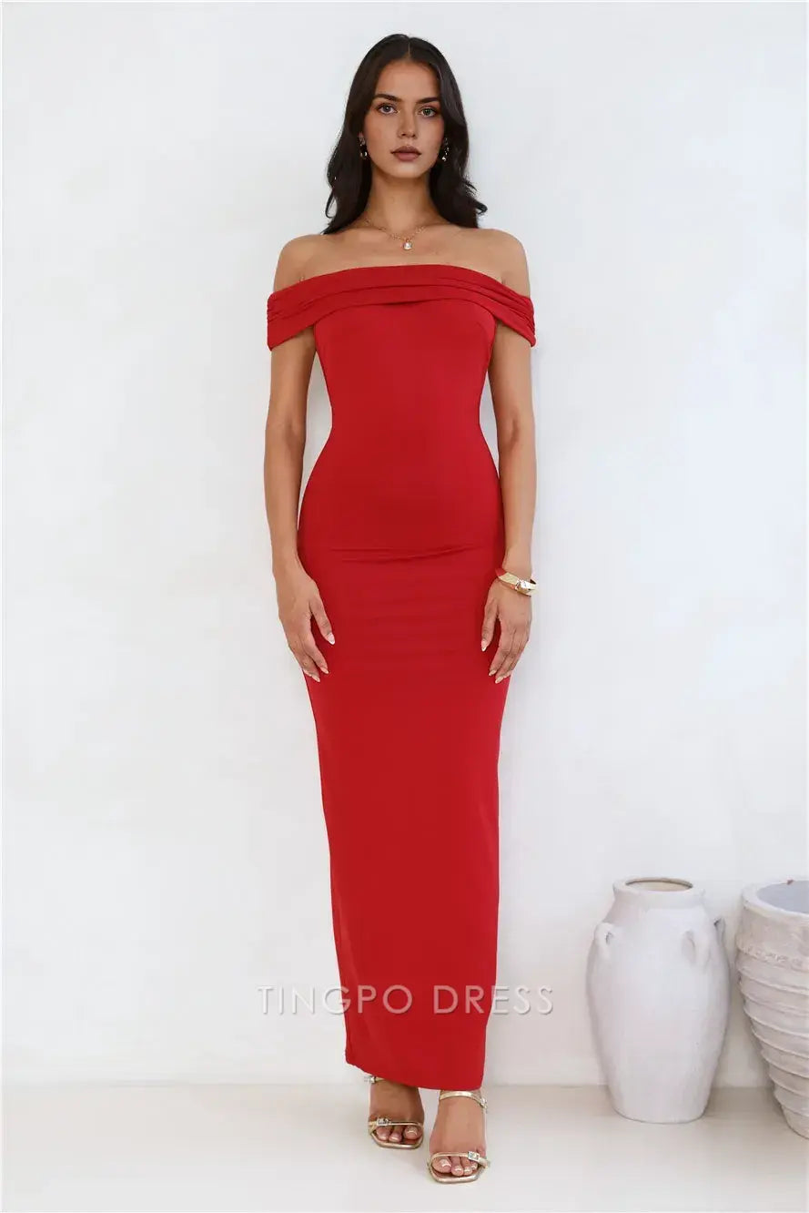 Elegant Off the Shoulder Off - Shoulder Maxi Dress with Open Back Prom Dress